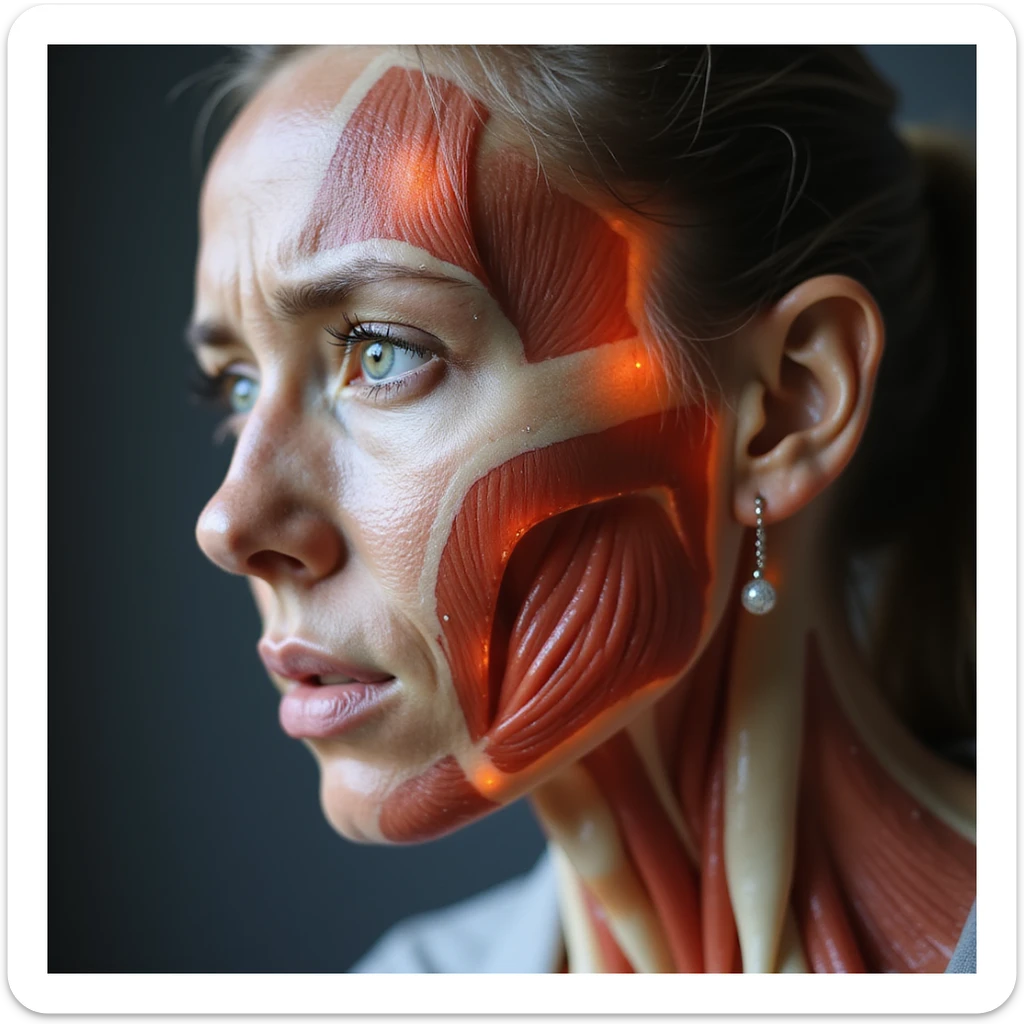 realistic anatomical close-up of a woman's head showing muscles and pain areas highlighted, suffering expression, white background sticker