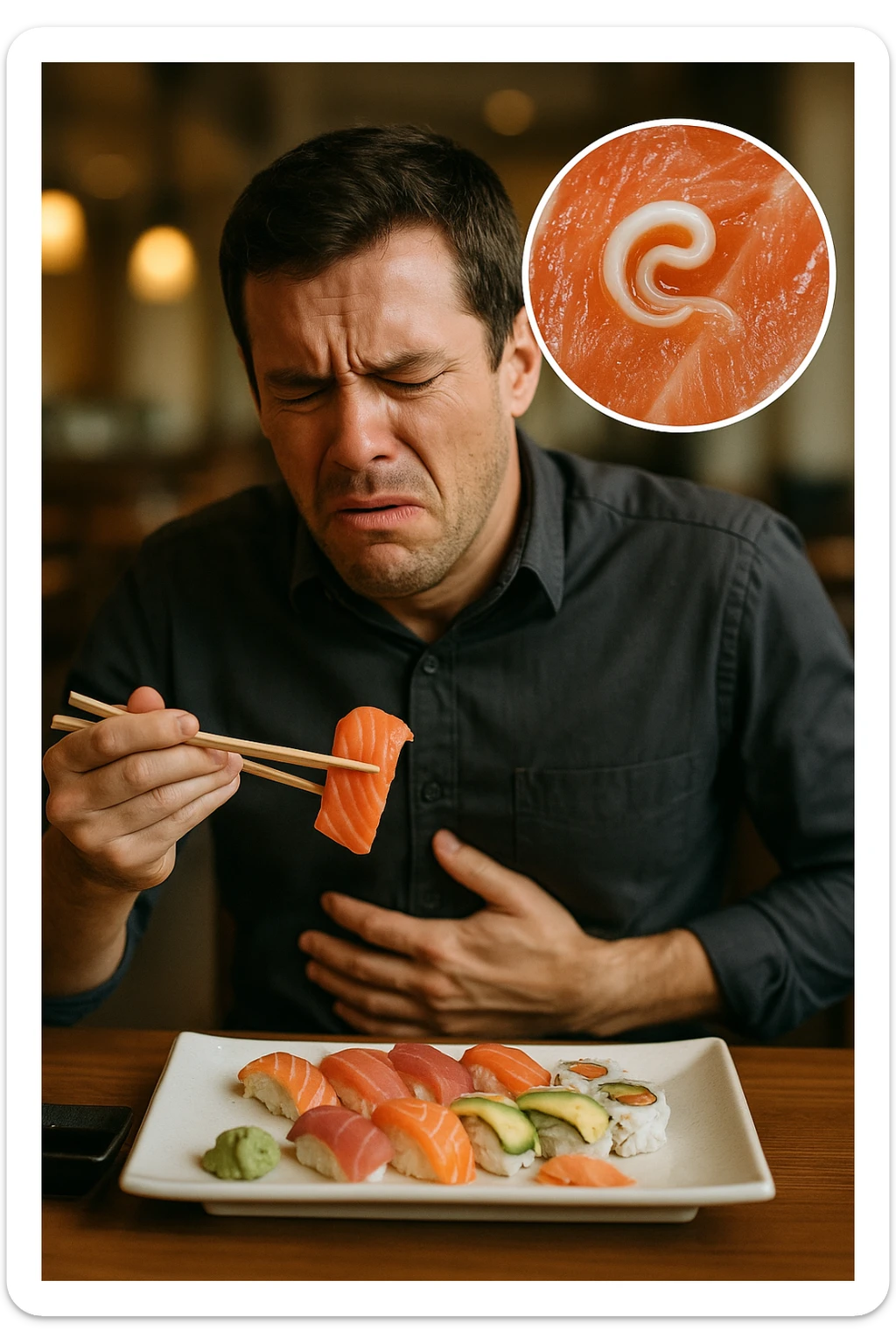 a man sits at a restaurant table, eating a plate of raw fish (such as sushi or sashimi). In a magnified inset, an Anisakis larva is visible inside a piece of fish. The man’s expression changes from enjoyment to sudden discomfort, holding his stomach with a pained look. The background is softly blurred, focusing on the man and the food. in italiano sticker