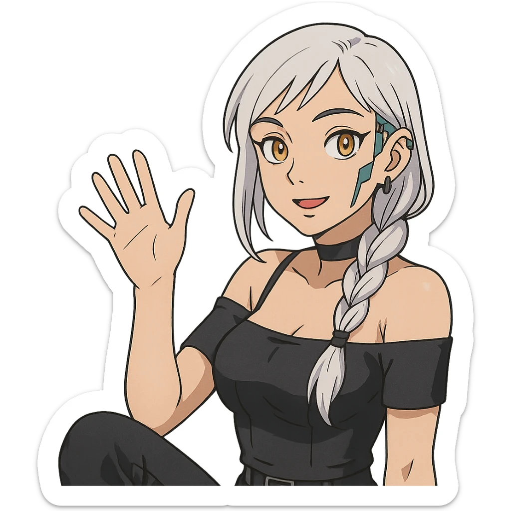  she is waving hello greetings, a closeup portrait of young woman with gold yellow eyes, white hair, long braid, black off-shoulder top d-cup, punk gothic style, futuristic cyberwave cyberpunk, sitting position
 sticker