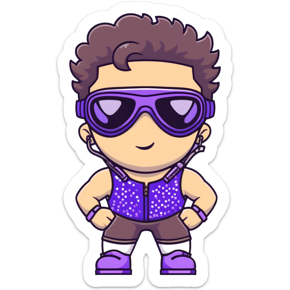 close-up of bad guy male athlete with white skin and moderately curly dark brown hair on top with shaved sides, wearing ski goggles with purple frames and very dark black lenses, a simple plain black chain necklace, and a completely unzipped sleeveless vest with purple and black sequin fire pattern design with no logo, pulling his tongue out very far in an exaggerated mocking gesture, looking menacing and villainous sticker