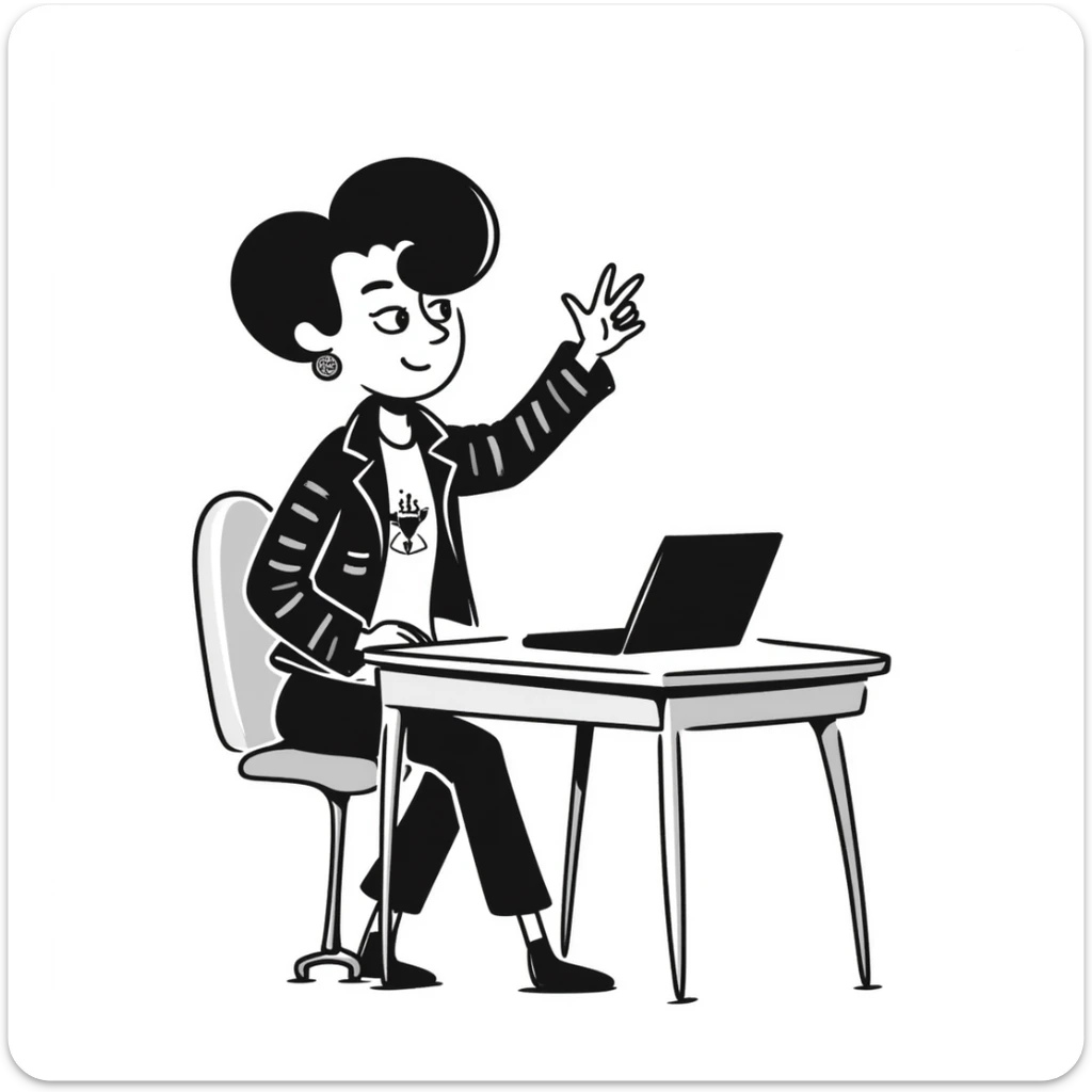 A rockstar female musician with tattoos on her arms, stylish modern haircut with shaved sides, wearing cool rocker clothes, smiling and sitting at a desk with a laptop, raising hand during class sticker