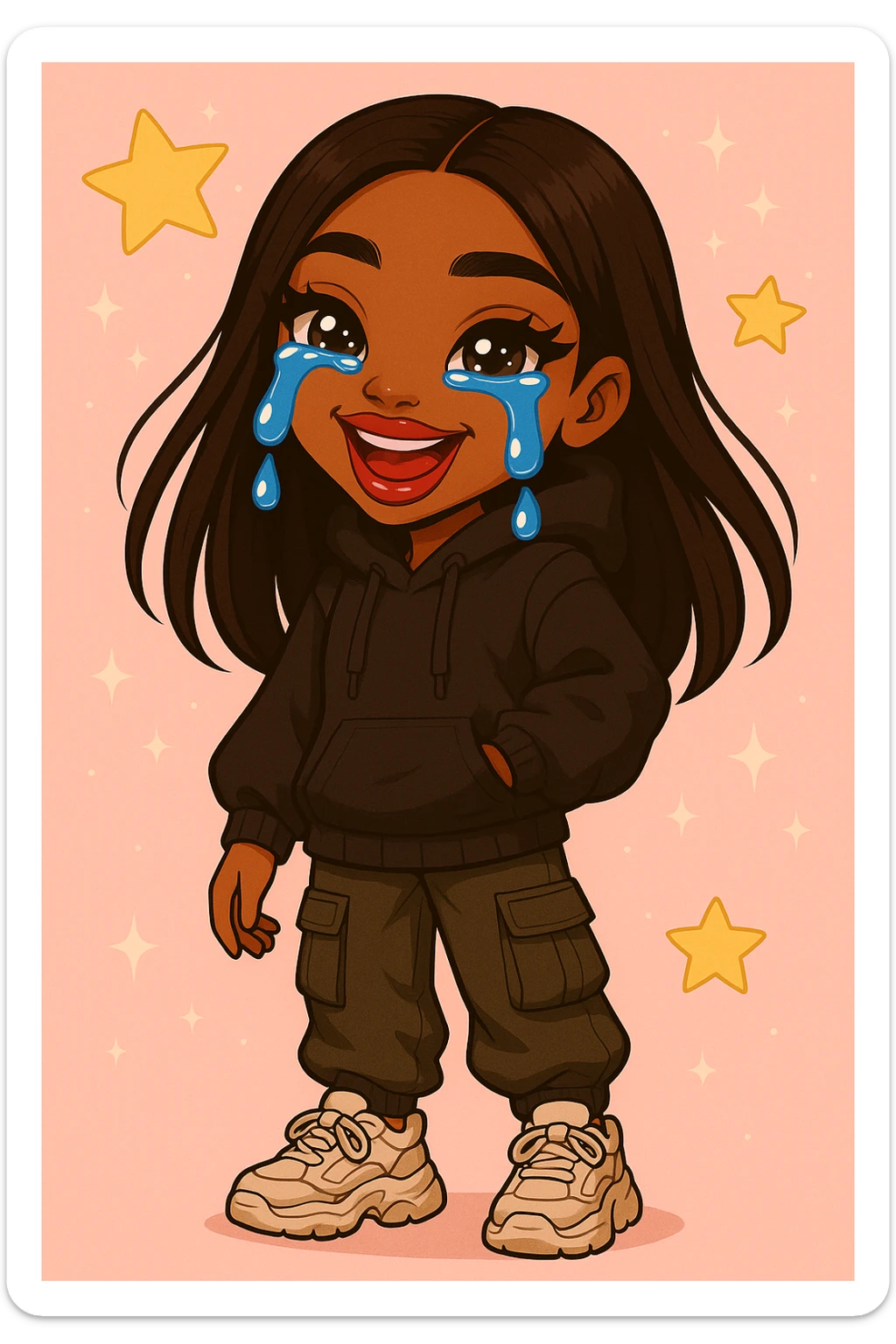 Change her outfit style to trendy streetwear, keep her as a 20-year-old anime Bratz style woman with dark skin, dark hair, crying laughing expression, big expressive eyes, and glossy lips. sticker