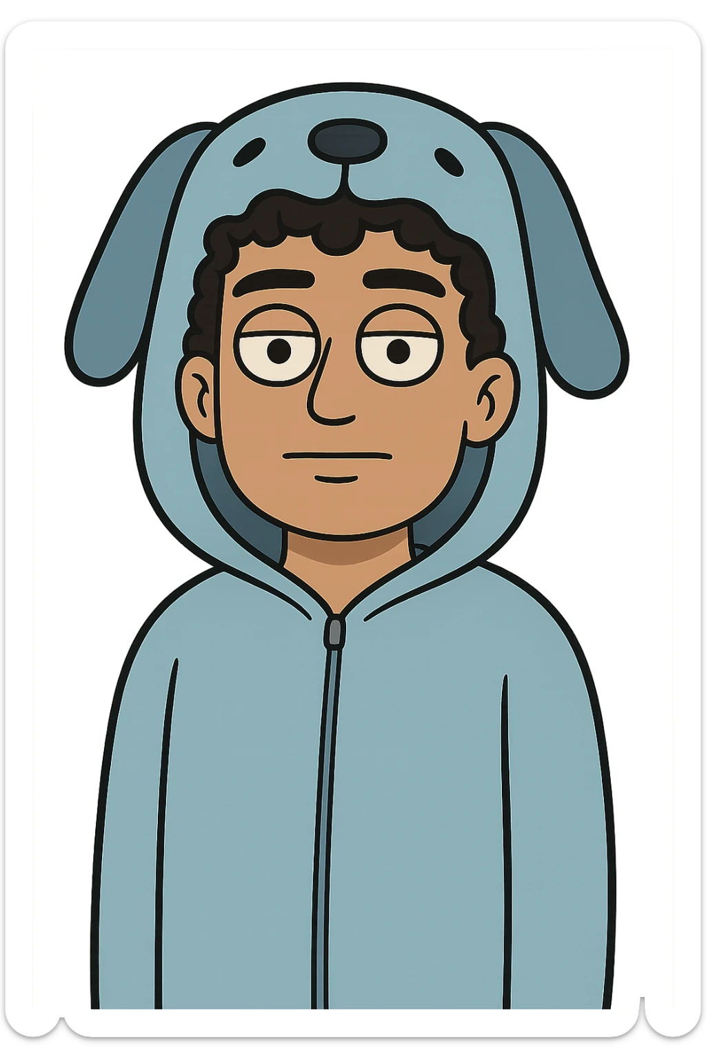 cartoon face of OMZ, blue dog onesie hood, curly black hair, brown eyes, same expression, same line style sticker