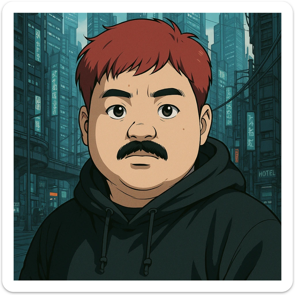 Asian man with a round face, black mustache, red hair, black hoodie, Ghost in the Shell-inspired anime style, large expressive eyes, futuristic city background, high detail sticker