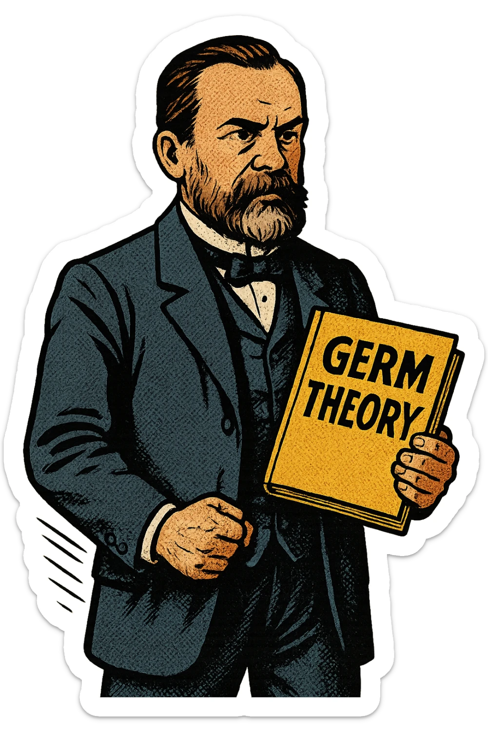 A doctor from the late 1800s standing with a book about the Germ Theory in his hand sticker