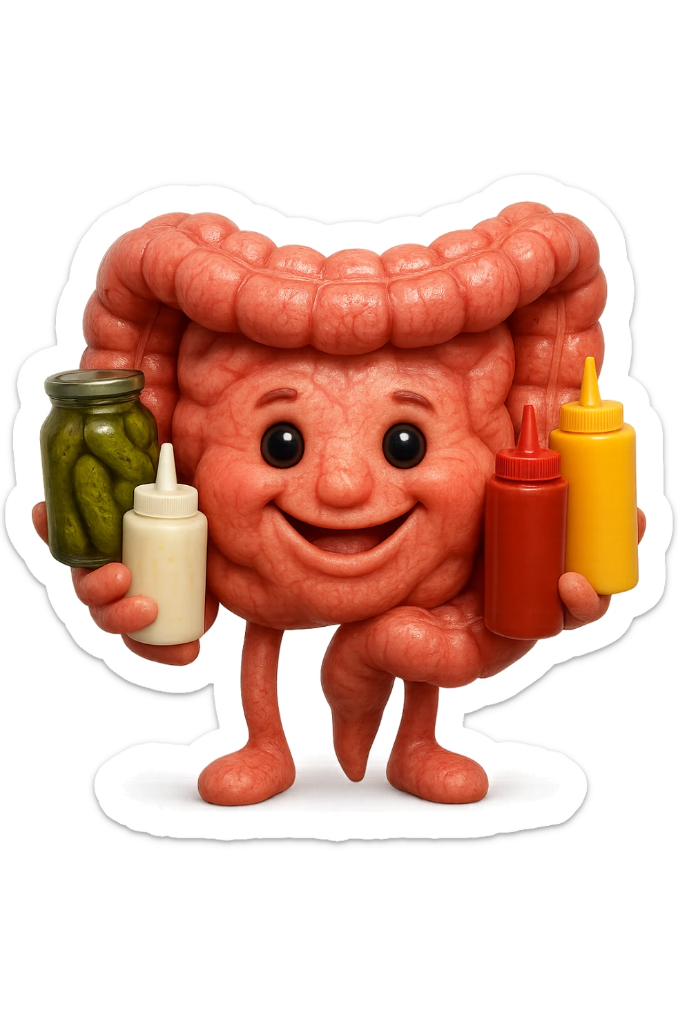 emoji stile iphone di intestino umano con espressione felice mentre tiene in mano cetriolini sottaceto, maionese, salsa barbecue, salsa, senape realistica
IPERREALISTICO 4K sticker