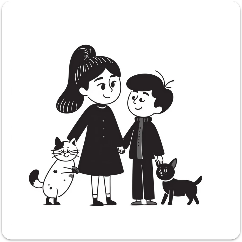 A girl with long brown hair holding the hand of a boy with black hair, both dressed in black, holding a cat and dog sticker