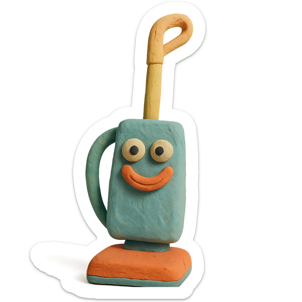 close-up of a playful upright vacuum with an expressive face in claymation style, pastel colors, detailed clay texture sticker
