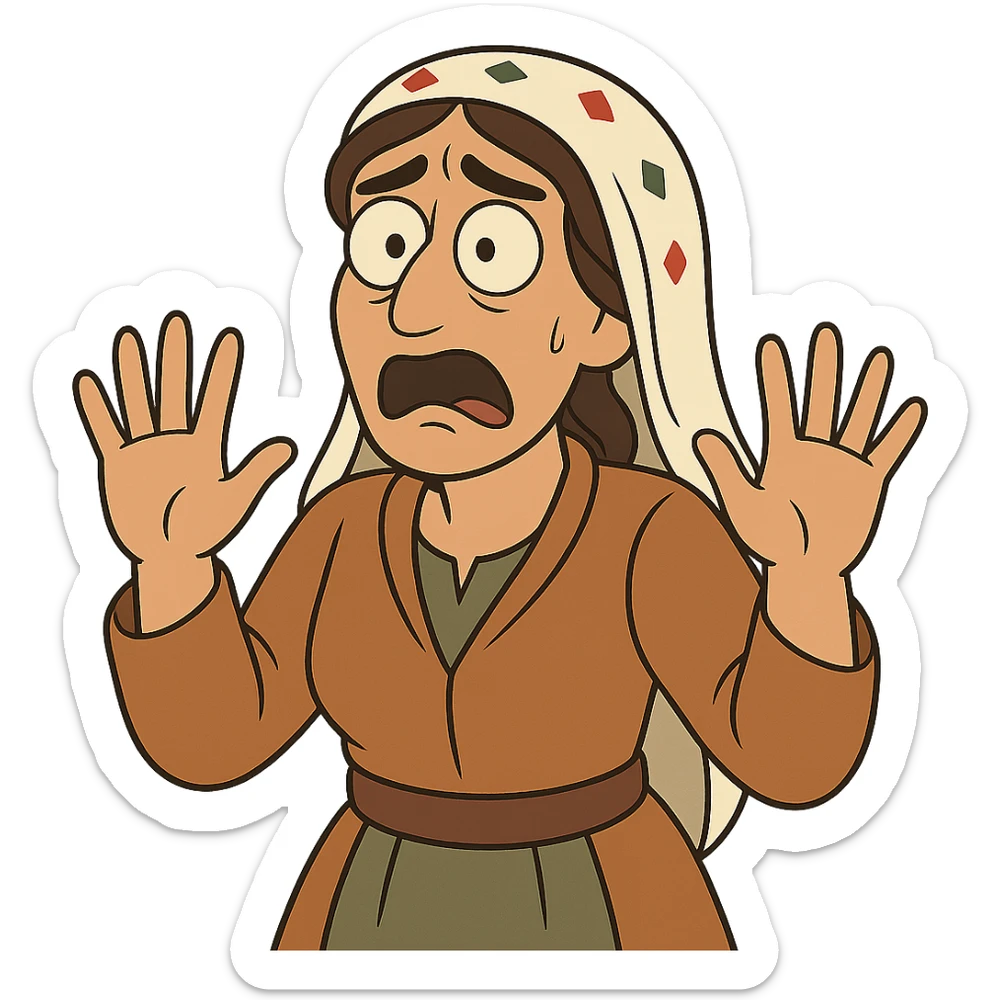 Kurdish sticker, cartoon style, Kurdish man or woman in jamadani, shocked or scared, wide eyes, hands up, no text sticker