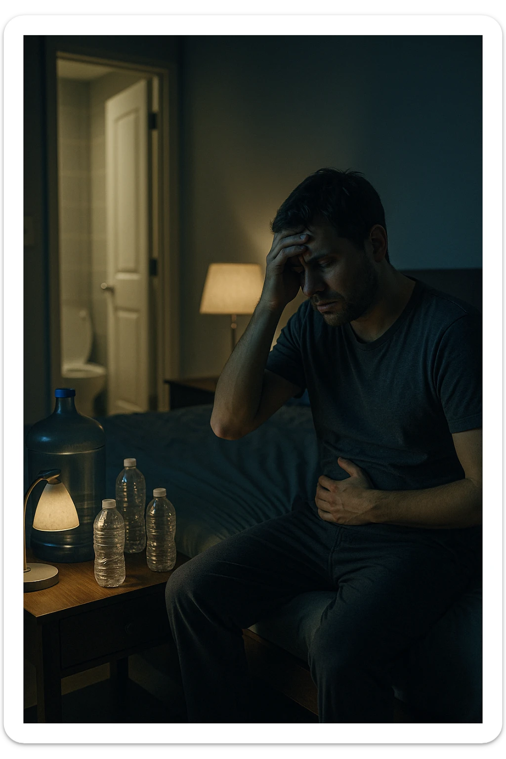 A cinematic scene of a man in his 30s sitting on the edge of his bed at night, clearly tired and frustrated. On his nightstand are several empty water bottles and a large reusable water jug, suggesting excessive hydration. A dim lamp casts soft shadows in the room, and the door to the bathroom is open with light spilling out — symbolizing repeated nightly visits. The man holds his head in one hand, while the other rests on his abdomen, eyes heavy with fatigue. The atmosphere is quiet and introspective. Cool color grading with deep blues and pale yellows enhances the nighttime mood. Style: 35mm cinematic realism, with attention to emotional detail and ambient lighting sticker