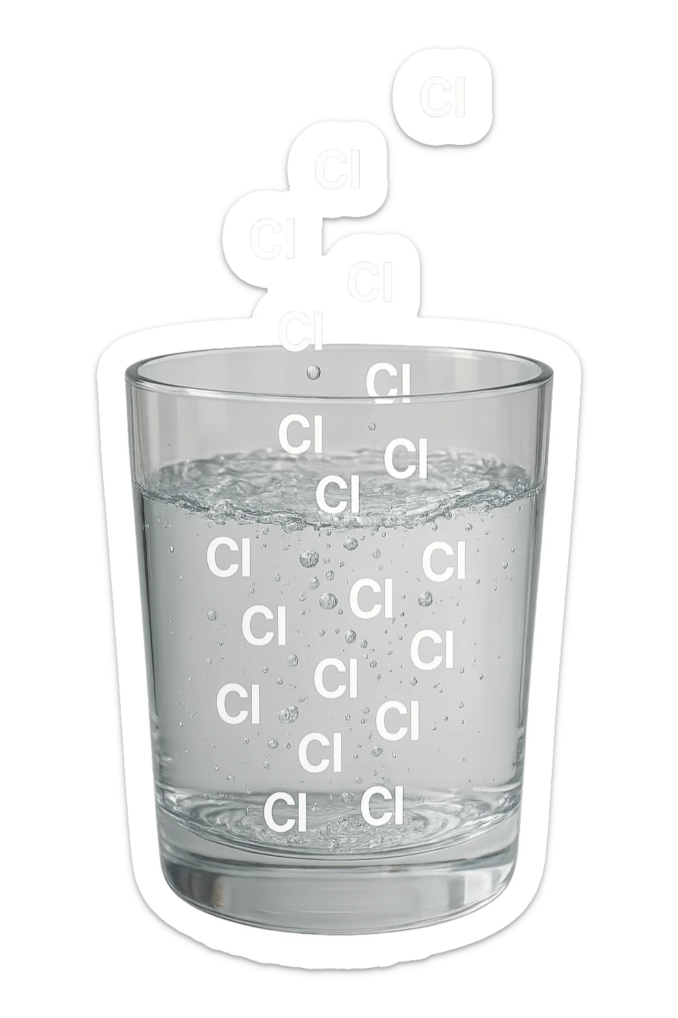un bicchiere di acqua fluttua in aria realistico e dettagliato, dentro l'acqua del bicchiere ci sono particelle di cloro ben visibili con la scritta "Cl" sopra, ci sono particelle anche che escono dal bicchiere e fluttuano in aria verticalmente, mentre alcune sono all'interno dell'acqua nel bicchiere, iperrealistico 4k sticker