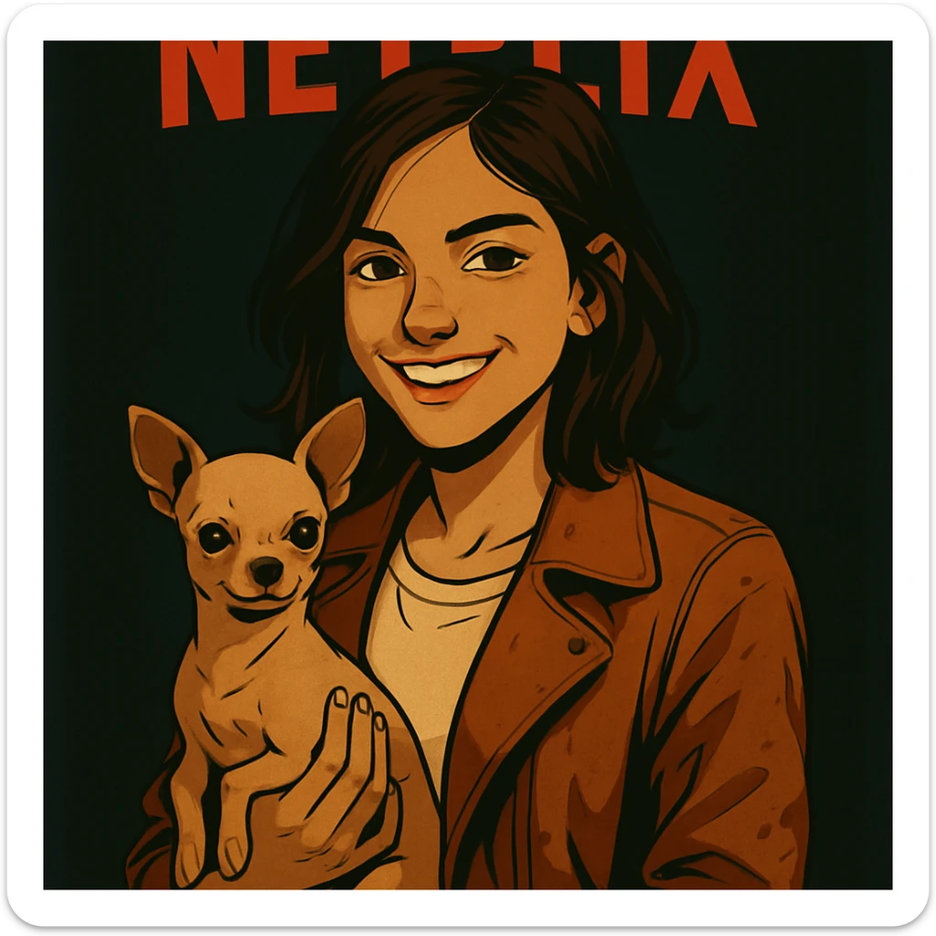 Change the facial expression to a joyful and confident look in the style of a Netflix series, keeping all other elements identical. sticker