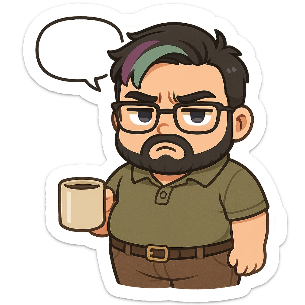 A realism art illustration art style of handsome plus-size man with black hair and a purple to green ombre streak, black beard, blue eye, glasses, dressed like a dad, holding a coffee mug, blank speech bubble, frowning  sticker