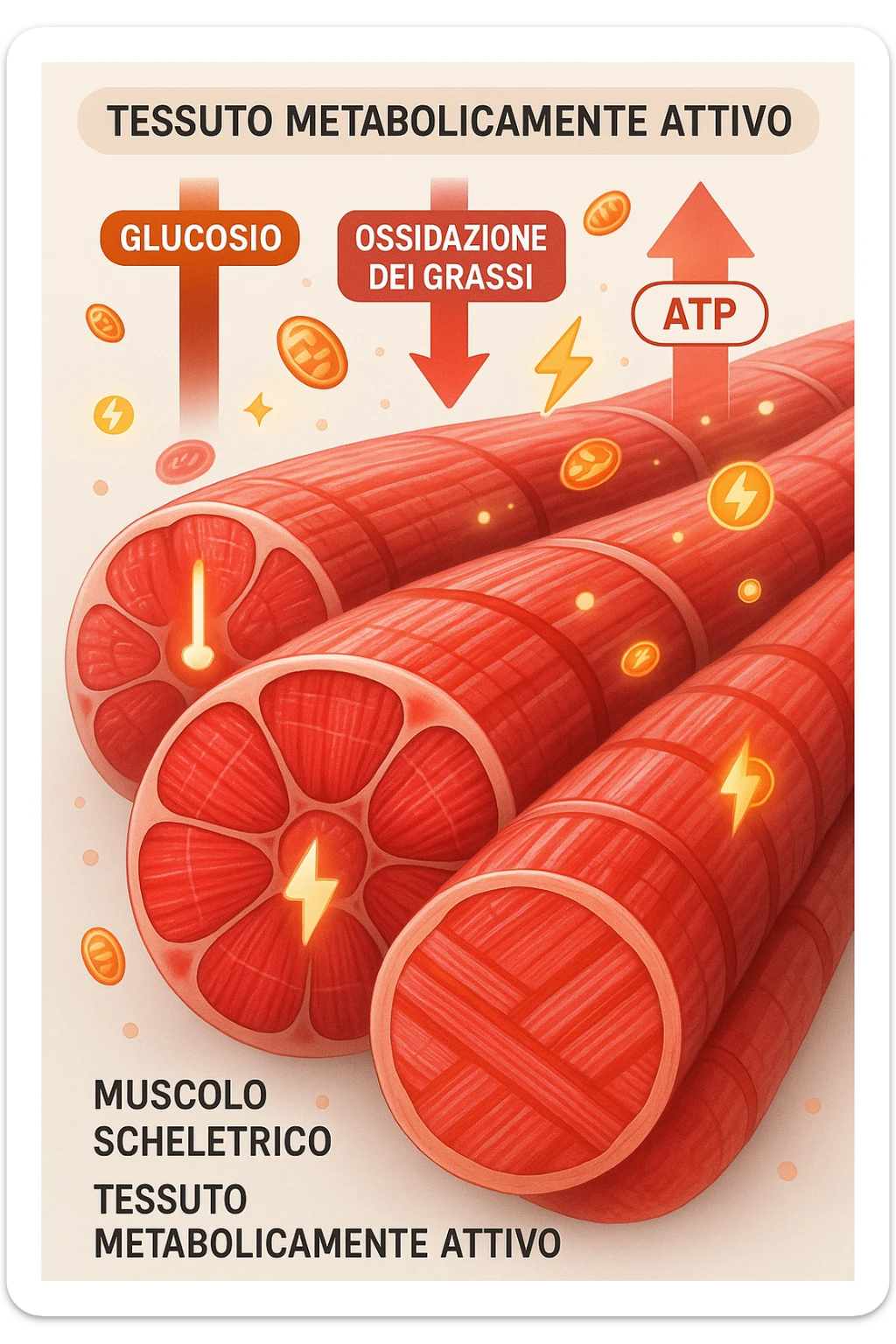 a highly detailed cross-section of human skeletal muscle fibers, shown in vibrant red and pink tones, with visible striations and realistic texture. Glowing arrows and animated icons represent active metabolic processes—such as glucose uptake, fat oxidation, and ATP production—occurring within the muscle tissue. Surrounding the muscle, floating symbols for mitochondria and energy highlight its metabolic activity. The background is clean and clinical, with subtle labels and infographics explaining that muscle is a metabolically active tissue. The overall style is modern, scientific, and visually engaging, suitable for educational or medical use. in italiano sticker