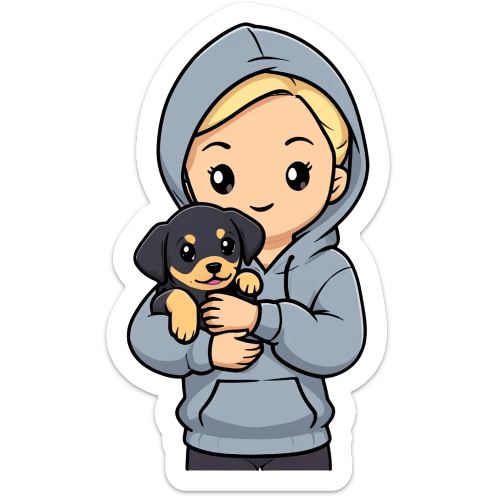 Blonde girl with smooth hair and a center part, light skin with freckles, wearing a hoodie and carrying a black baby labrador puppy in her arms sticker