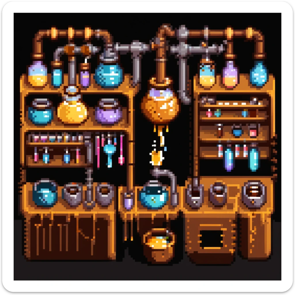 Ein Bäcker mit einem Labor aus Zuckerglas, Karamellrohren und Honigflüssigkeiten. Die Umgebung wirkt wie ein süßes Steampunk-Labor. Interface-Elemente imitieren klebrige Texturen, mit tropfenden Effekten und glänzenden Bonbonfarben sticker