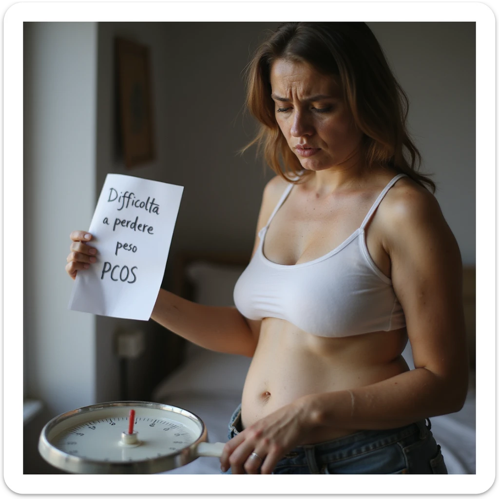 hyperrealistic 4K detailed image of a woman with PCOS, face with acne and chin hair, thin hair, slightly overweight body on abdomen and hips, frustrated expression while weighing herself on a scale, next to her a paper with the words 'Difficoltà a perdere peso' and 'PCOS', domestic environment sticker