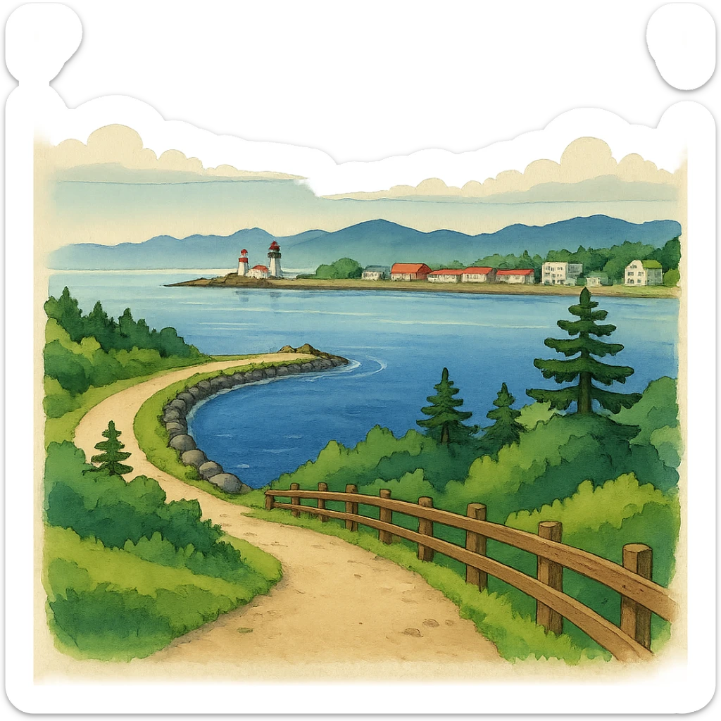 Edit the image to depict Port Angeles waterfront with trail in Ghibli style, no frame, transparent background. sticker