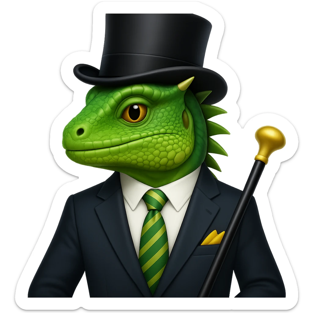 Add a top hat and cane to the iguana in a business suit with a tie in the style of apple emojis. Keep the apple emoji style consistent with the original image. sticker