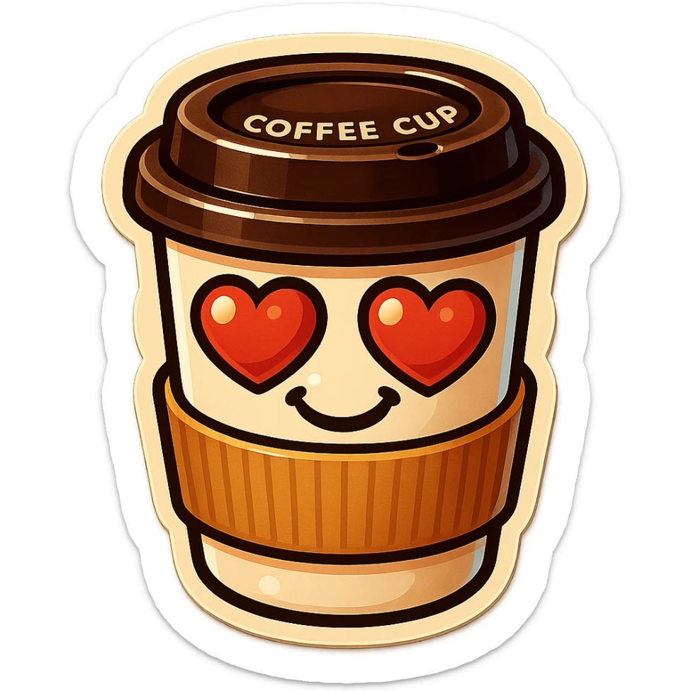 Ink wash style, coffee cup creature, big heart eyes, dopey smile sticker