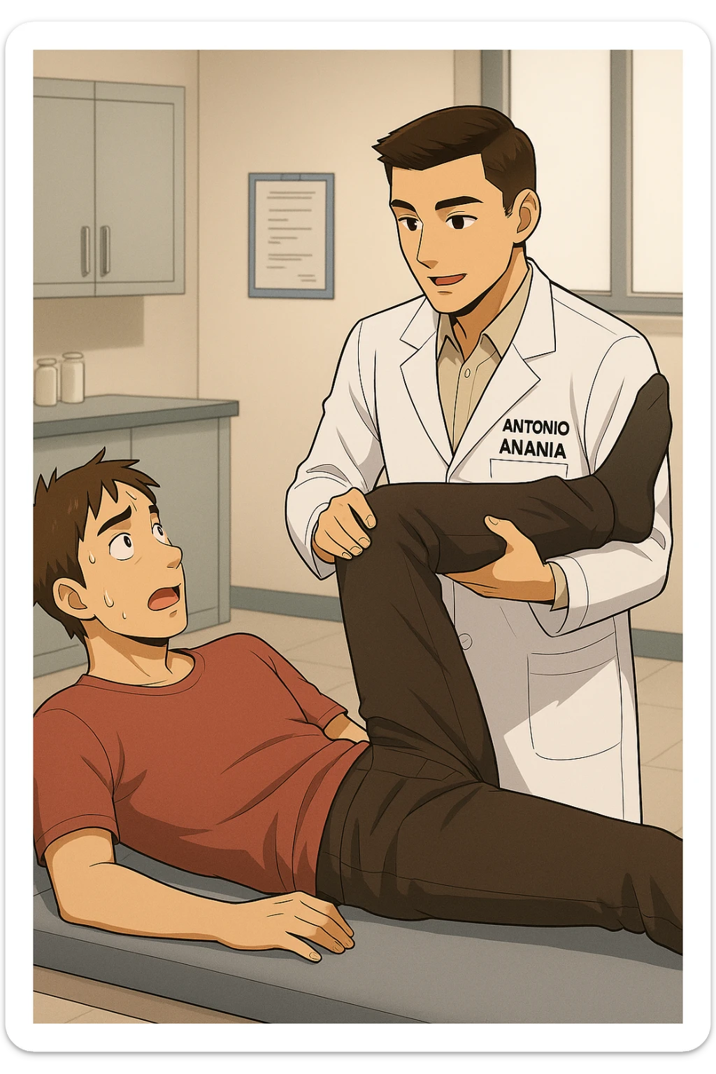 fai un webtoon manga a colori con questo stile, in cui un uomo è steso sul lettino medico e il kinesiologo con il camice bianco (fagli anche la scritta "ANTONIO ANANIA" SUL CAMICE, gli solleva una gamba per fargli il test neuromuscolare, IL KINESIOLOGO SPIEGA ALL'UOMO UNA cosa mentre gli alza la gamba. non fare i fumetti però, fai solo in modo che sembri stiano parlando sticker