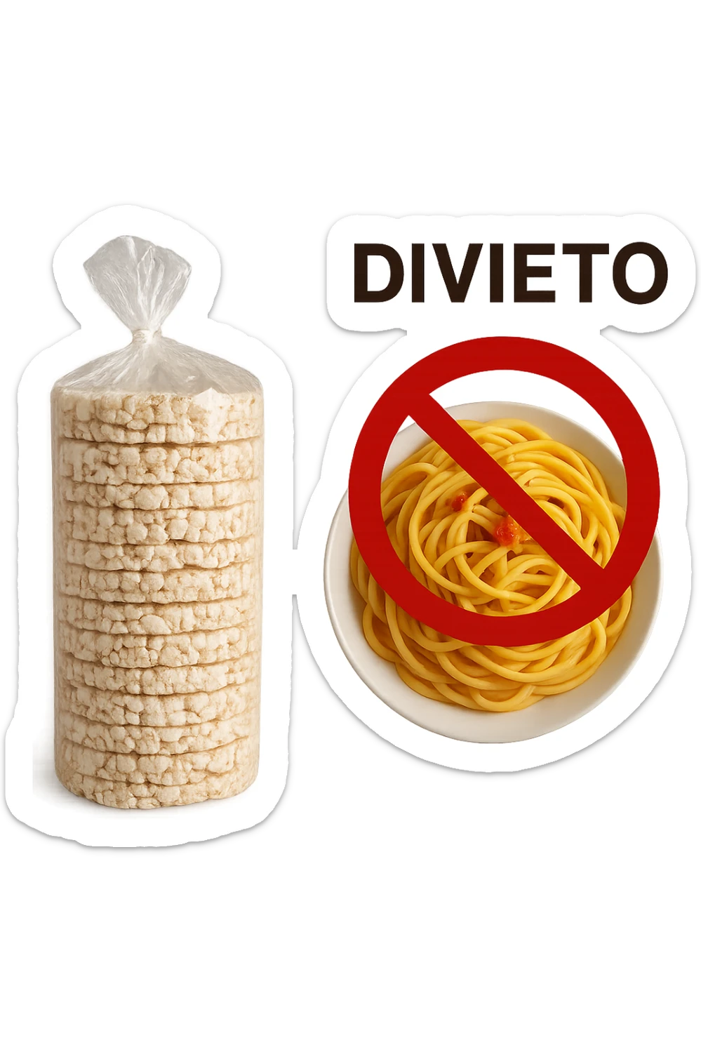confezione di gallette di riso con accanto un piatto di pasta con divieto sopra, in italiano,  realistici sticker