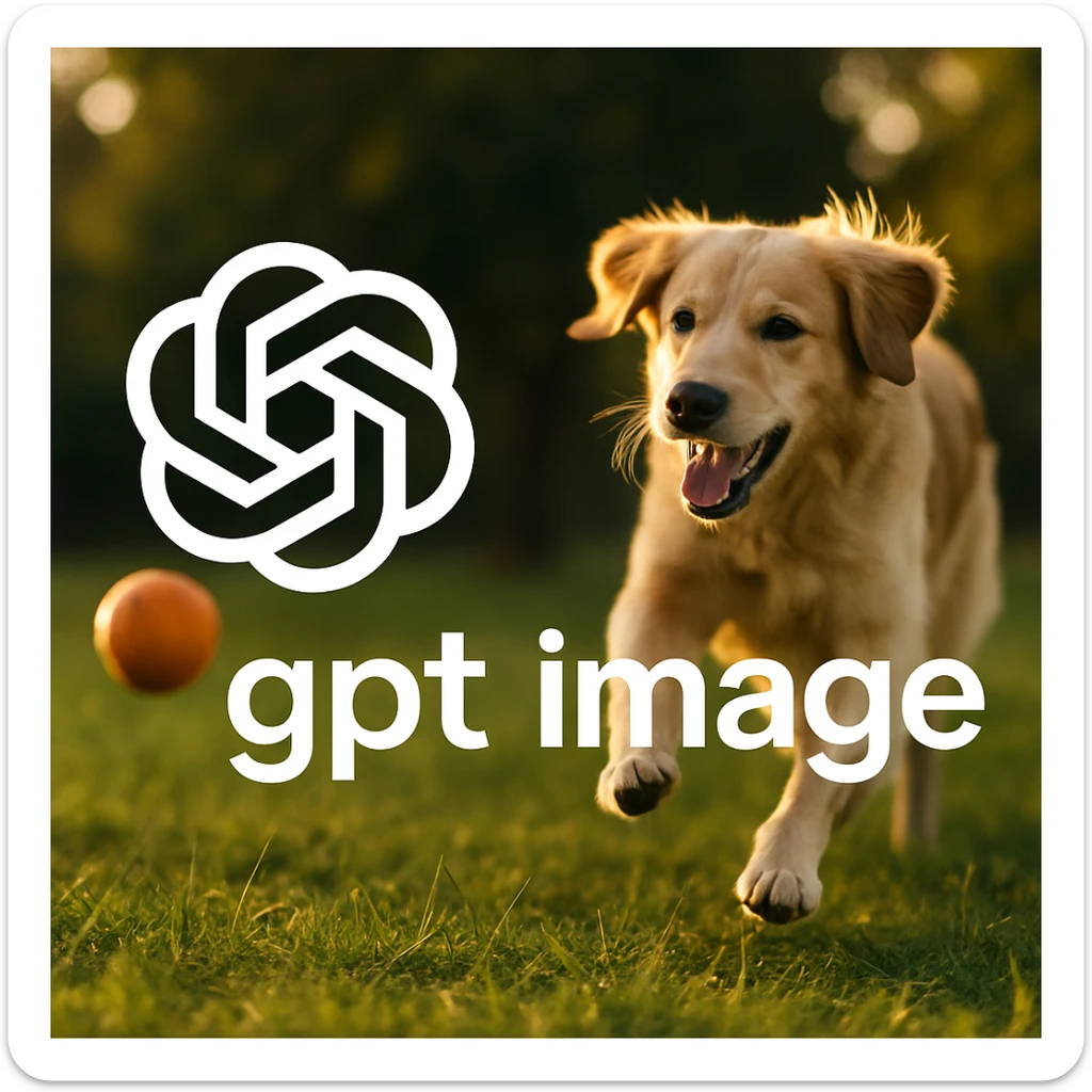  logo of chat gpt with text "gpt image" on the background of a dog chasing ball, realistic image sticker
