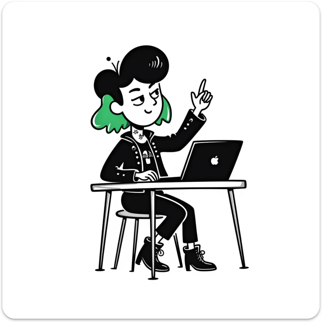 Alternative rocker girl with green and black hair, nose ring, neck tattoo, wearing combat boots and studded leather jacket, confidently raising hand while sitting at desk with laptop in music class sticker