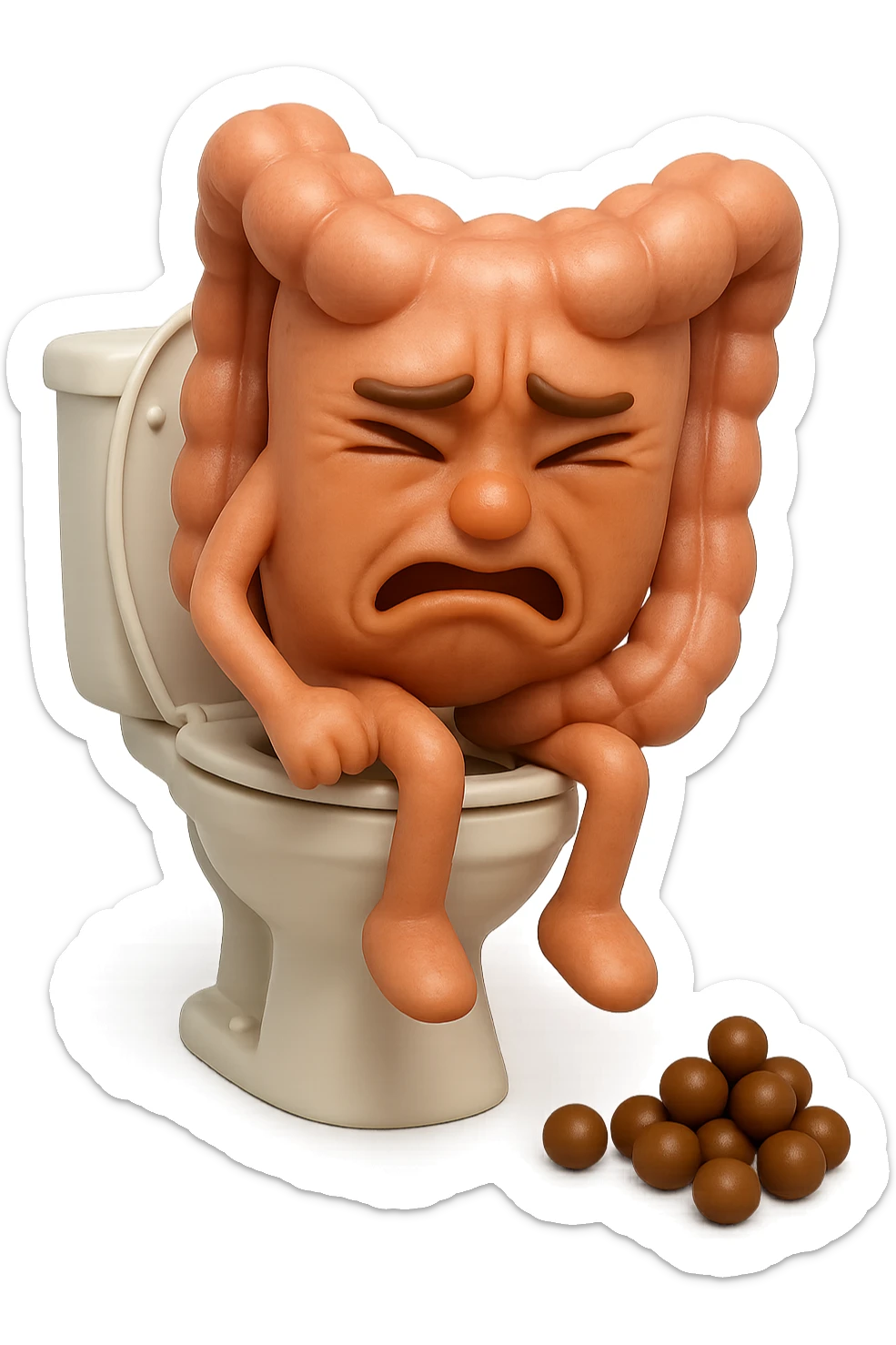 SU QUESTO STILE FAI UN EMOJI STILE IPHONE 3D DI UN INTESTINO CHE sta seduto sul wc e davanti ha una montagnetta di feci a palline stile emoji iphone, FAGLI UN ESPRESSIONE di dolore mentre si sforza E FALLO MOLTO REALISTICO IN 3D sticker