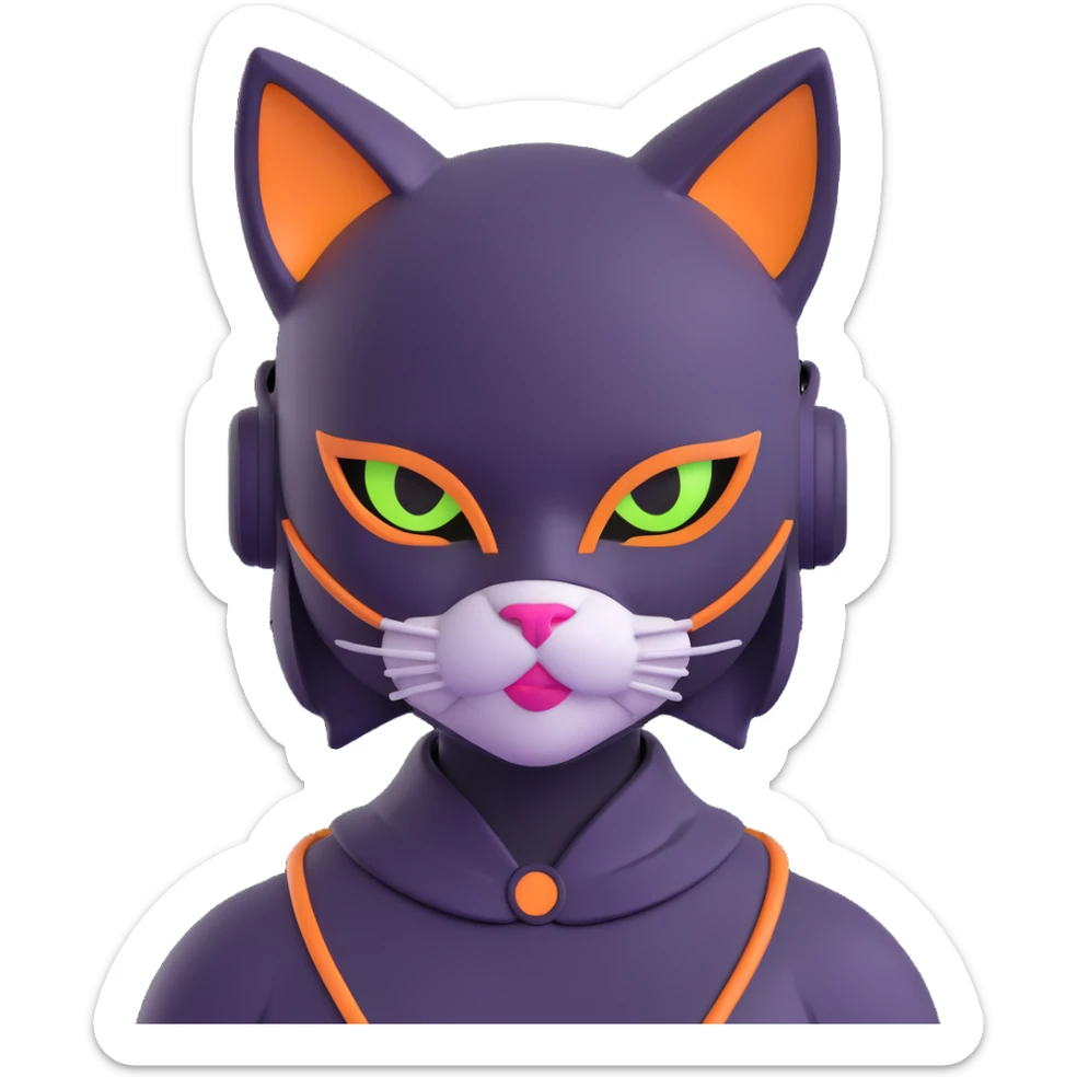 3D cat girl hybrid, cyberpunk style, neon highlights, cat mask, urban night setting sticker