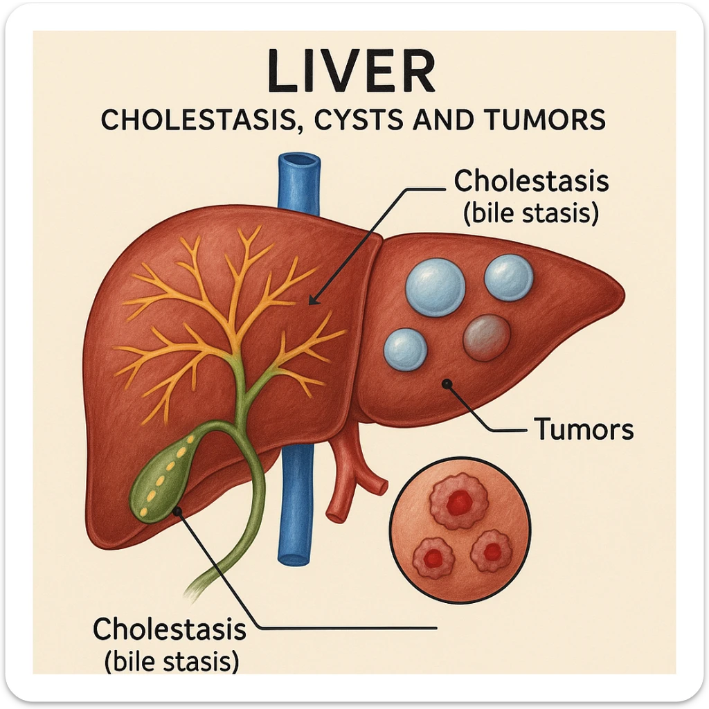 medical diagram of liver showing cholestasis (bile stasis), cysts and tumors, each problem represented with different colors and symbols, detailed and educational medical illustration style sticker