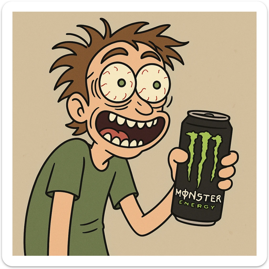 cartoon character strung out on Monster energy drink, wild eyes, jittery, holding a Monster can, cartoon style sticker