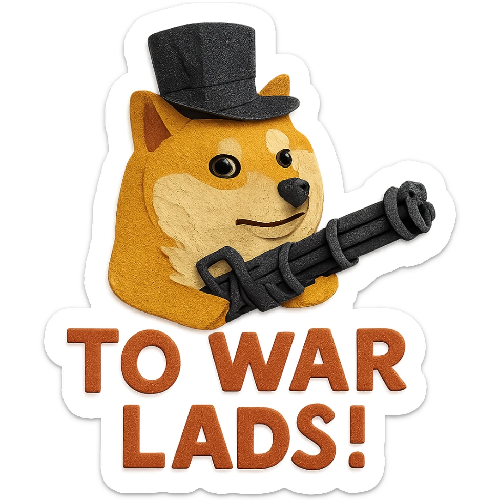 doge with a tophat and minigun, paper craft style, 'TO WAR LADS!' cutout letters sticker