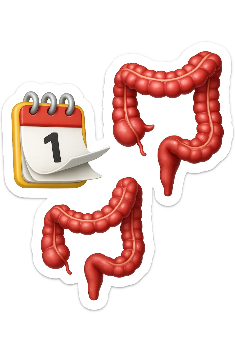 emoji stile iphone di un calendario con fogli che volano insieme a pezzi anatomici di colon umano, iperrealistico 4k, isolato su sfondo bianco sticker
