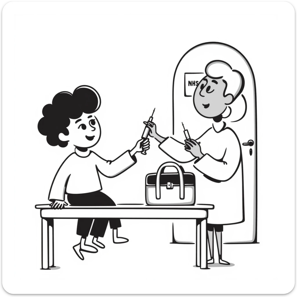 A 1960s doctor giving a measles vaccination to a happy child in a doctors surgery.  On the door is a sign that reads NHS sticker