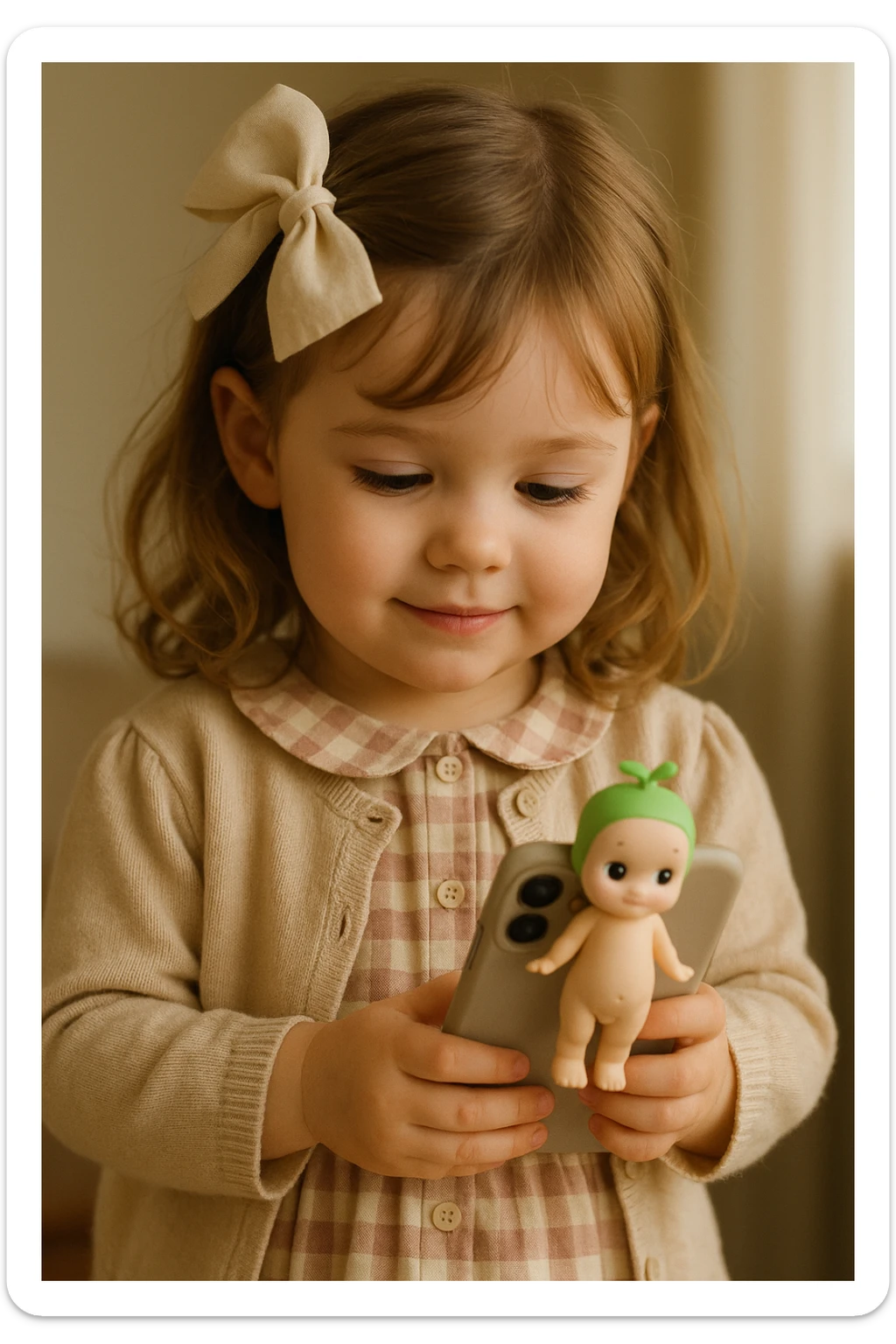 realistic image of a sweet girl with a bow, adorable outfit, and a phone with a Sonny Angel attached to it sticker