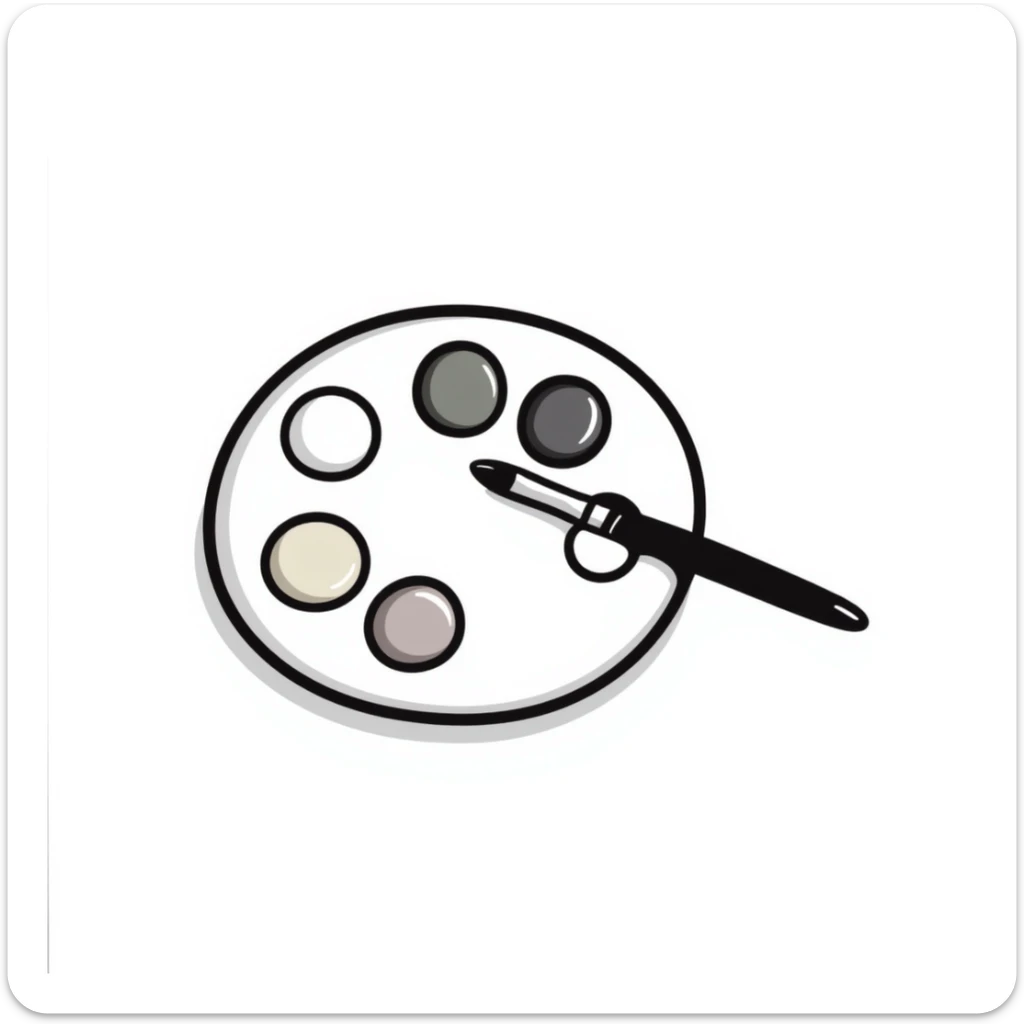 An artist's paint palette with thumb hole and paint colors in pastel colors (dd9fb0, ffc6d3, a3bfc9, c4bee2, f1b091), hand-drawn doodle style sticker