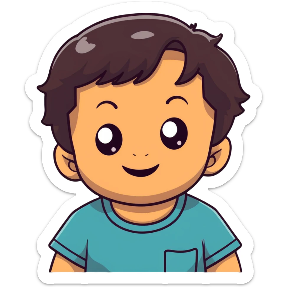 close-up of round smiling toddler boy face only with big eyes, medium skin tone, dark wavy hair, no neck visible, just the face sticker