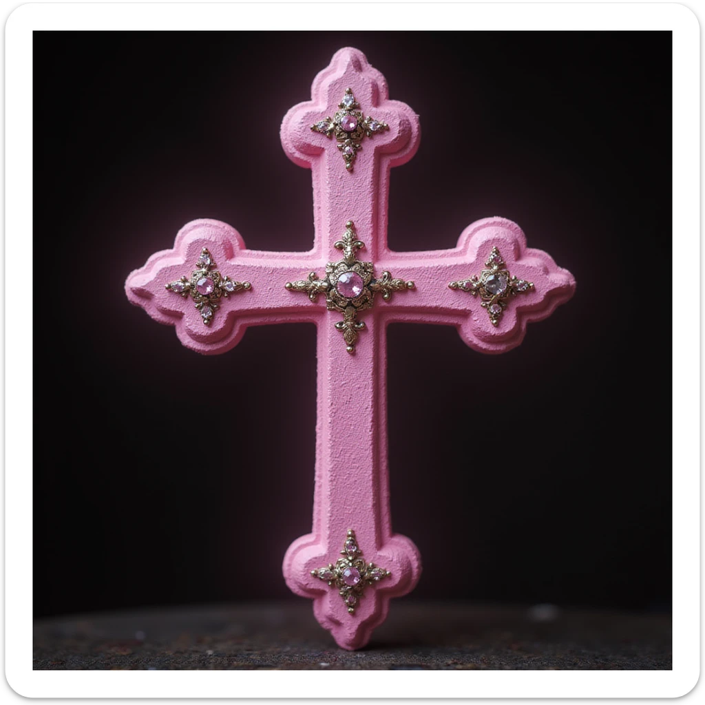 realistic gothic cross, pink with a jeweled crown, photorealistic style sticker