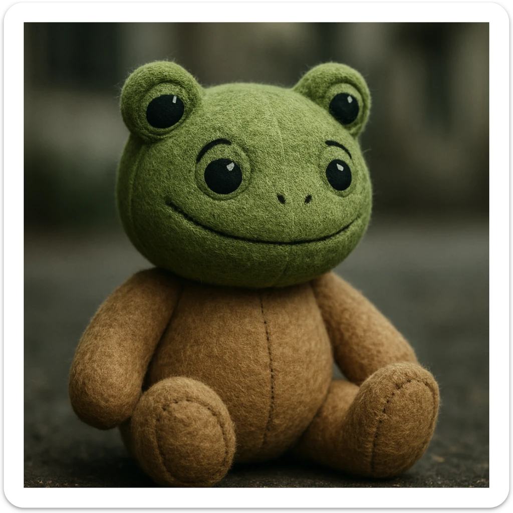 frog plush with a teddy bear body, green fur, large frog eyes, and a gentle smile, designed to look adorable sticker