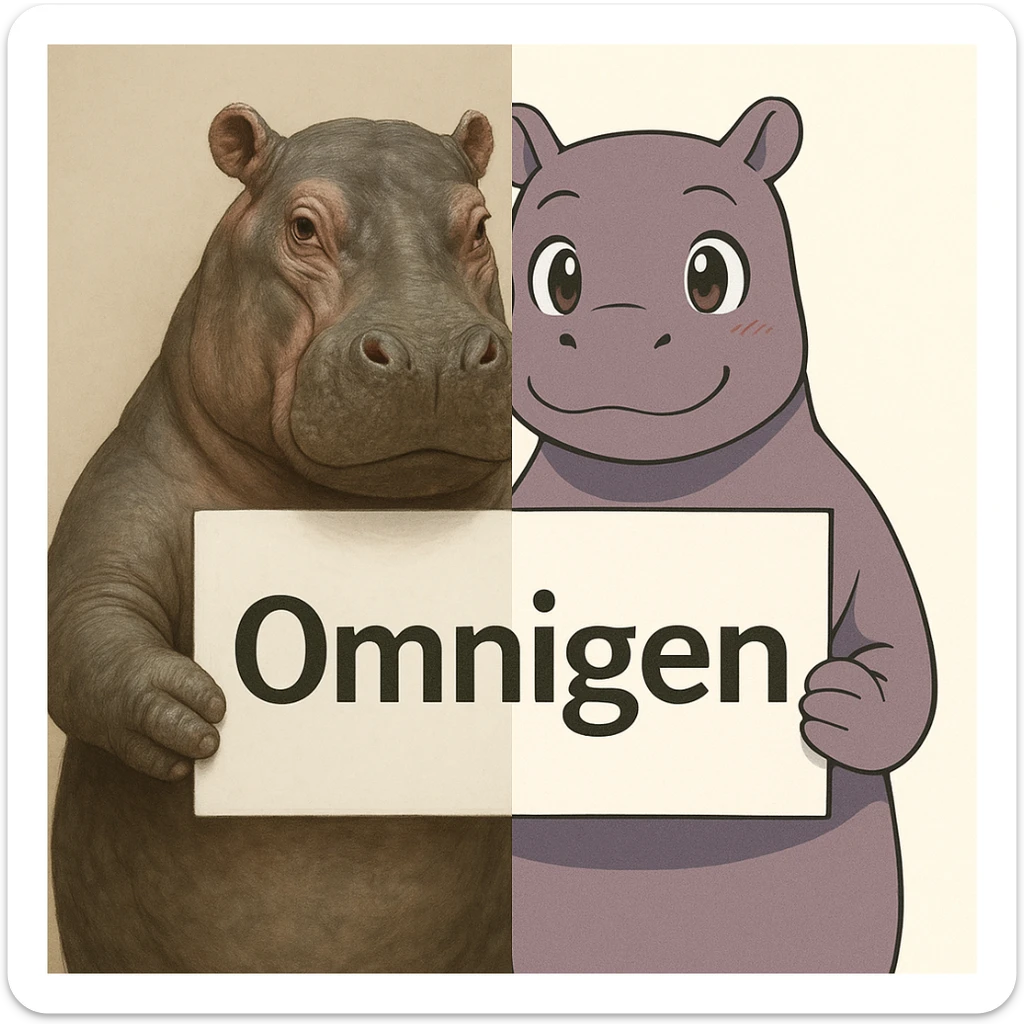 two hippo holding sign of omnigen, half picture 1 hippo is realistic another half is the anime of that same second hippo sticker