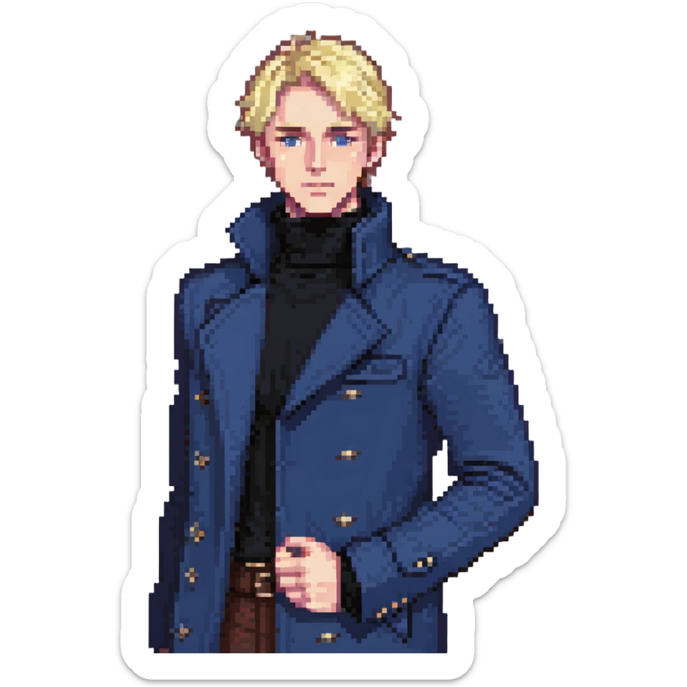 Flat pixel art, bold and charismatic male leader, Caucasian, short neat blonde hair, sharp eyes, indigo coat over black turtleneck, one arm raised pointing out, waist-up, front-facing sticker