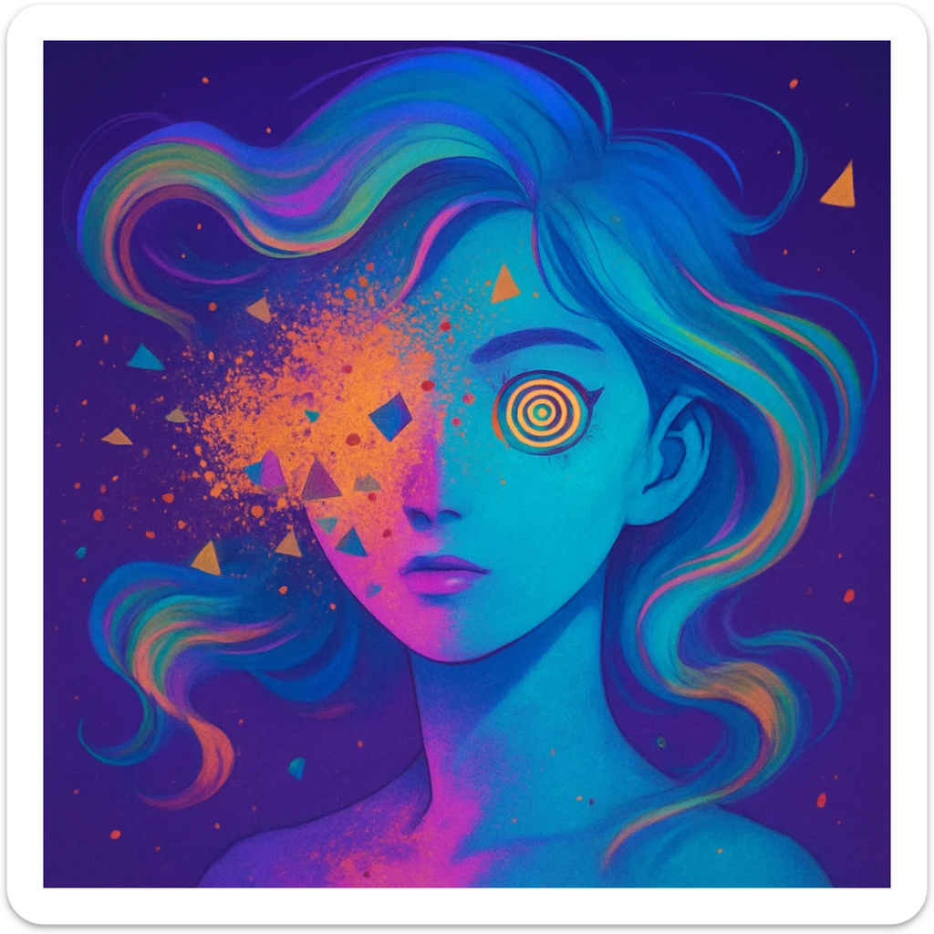 surreal portrait, neon skin, dissolving face with airbrush color explosion, hair as liquid color swirls like aurora, spiral eyes, geometric shapes breaking through face, paint spray effect, acid purple, turquoise, electric pink, smooth blending, dynamic movement sticker
