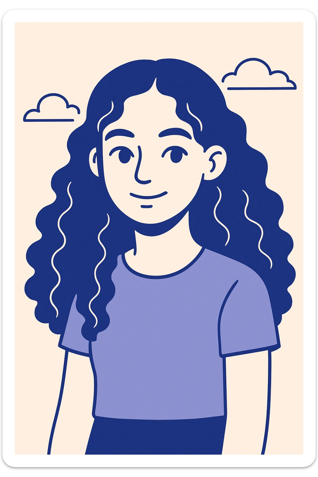 portrait of a girl with long curly brown hair type 3a and dark brown eyes, modern cartoon style sticker