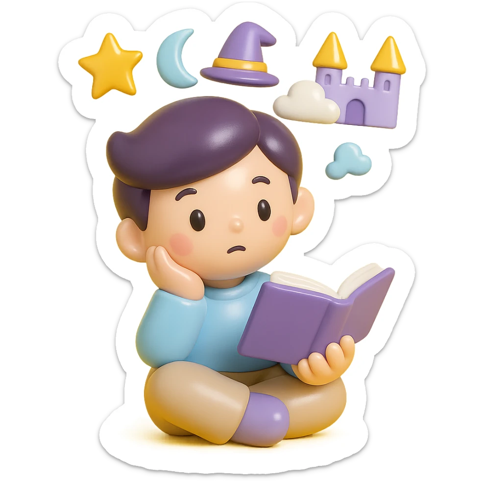 beginner author, thoughtful, imagining various fantasy worlds, using a color palette of soft pastel colors with accents of gold and deep purple sticker