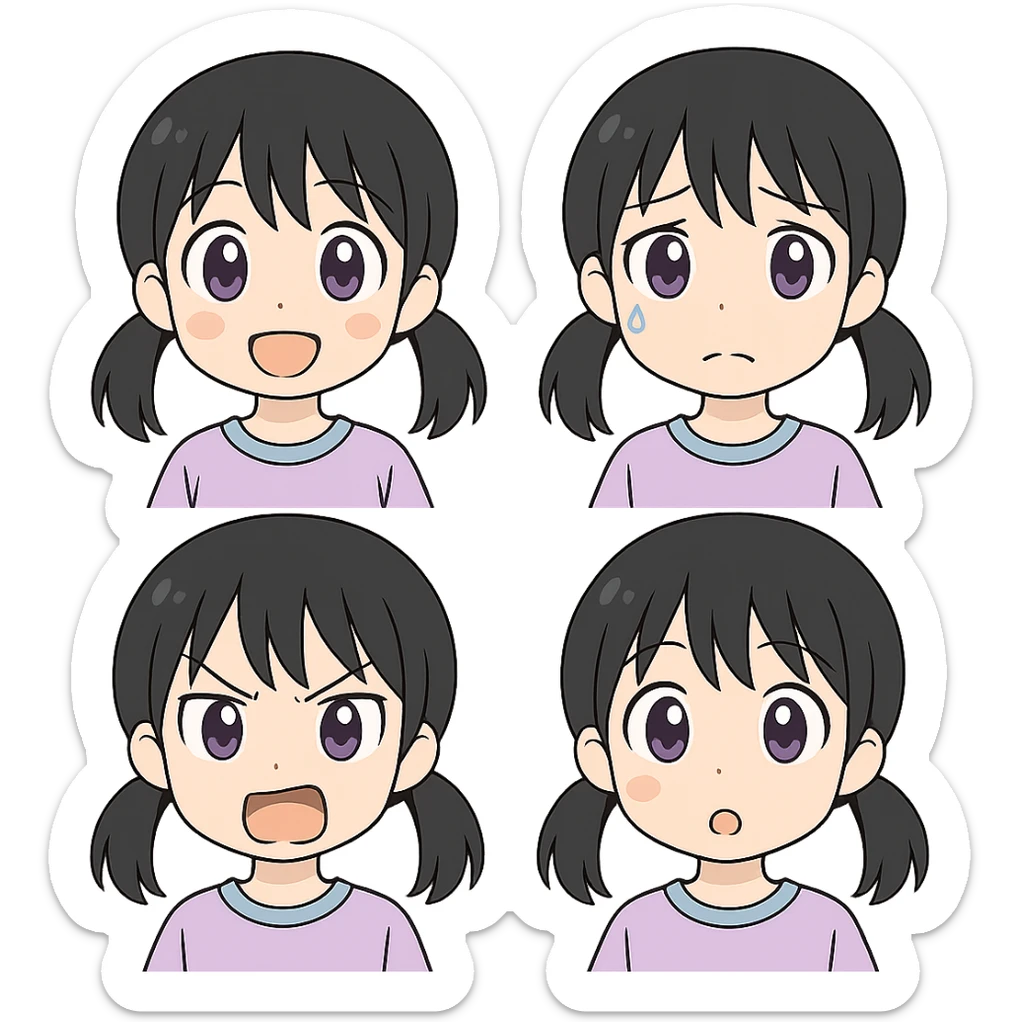 Change hair color to black, keep anime girl with purple eyes, classic anime style, various emotions, clean lines, no background. sticker