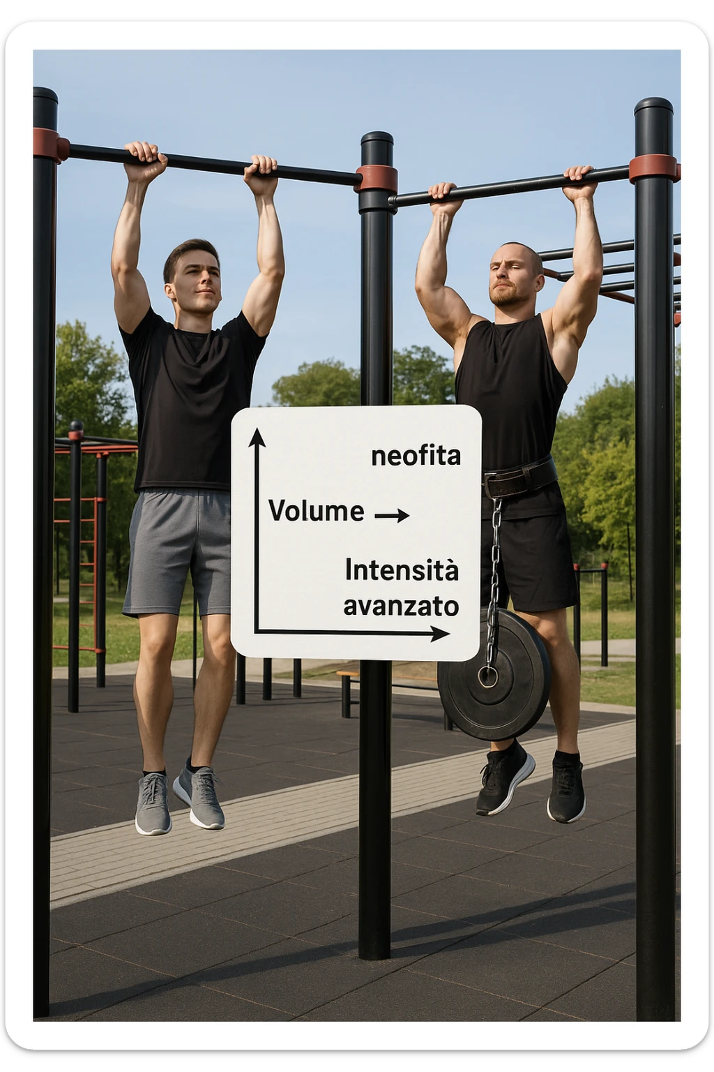 Due atleti fianco a fianco in un parco attrezzato: a sinistra il neofita che fa 10 trazioni leggere con concentrazione, a destra l’atleta avanzato con cintura zavorrata che fa 3 ripetizioni lente e pesanti. Tra loro, grafico sospeso in aria che mostra: 'Volume → neofita | Intensità → avanzato'. Stile realistico con elementi educativi visivi in italiano sticker