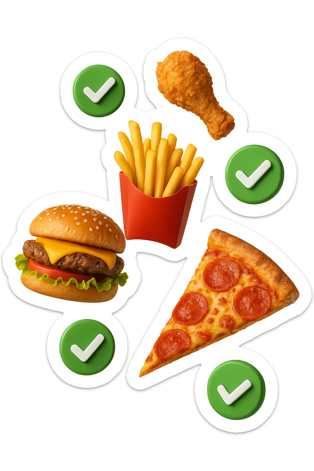 fast food realistico fluttua in aria insieme a spunte di verificato in 3d sticker