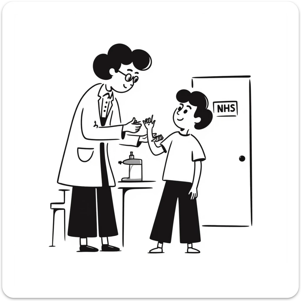 A 1960s doctor injecting a measles vaccination to a happy child in a doctors surgery.  On the door is a sign that reads NHS sticker