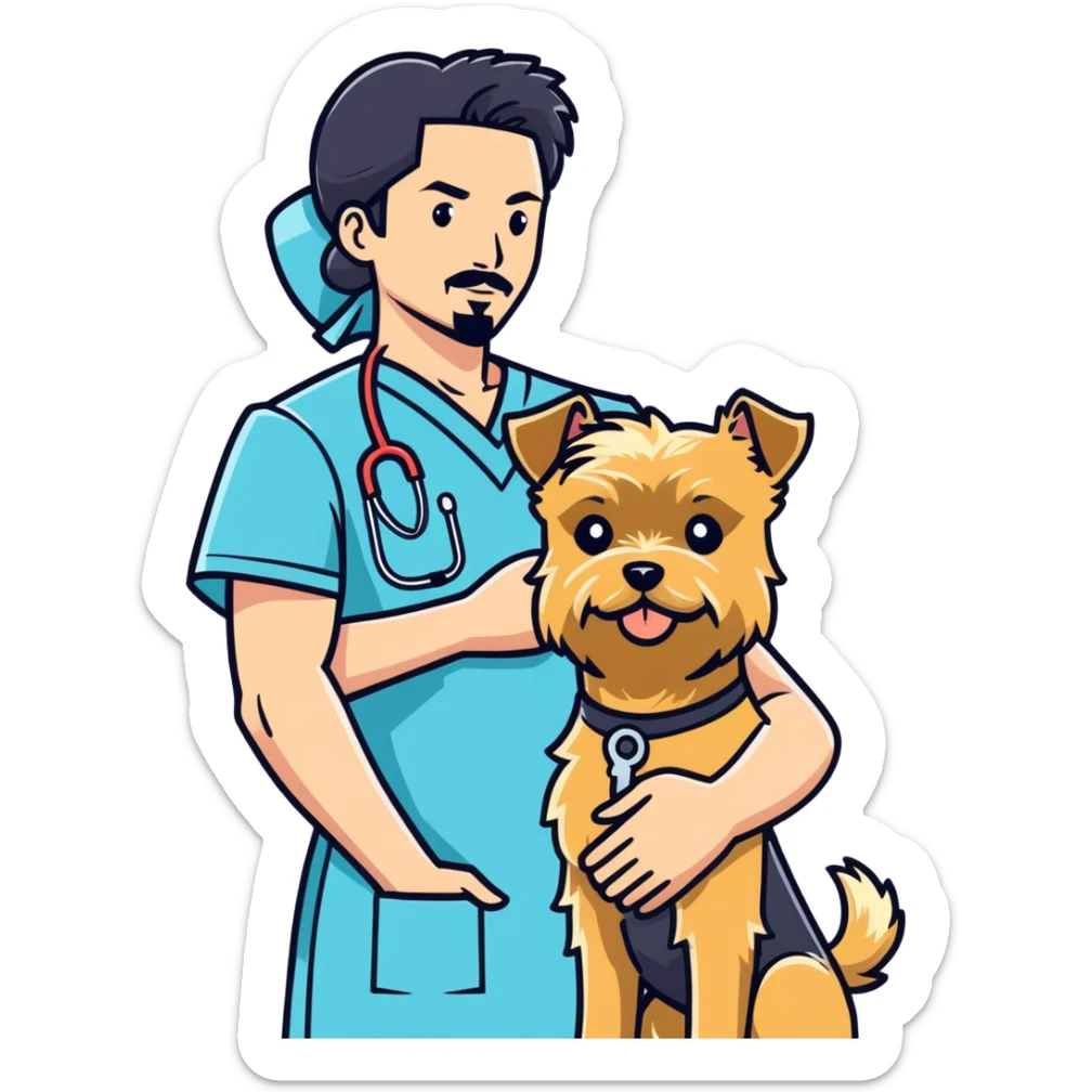 A blonde white nurse stands beside a handsome, muscular Korean man with black hair styled in a sharp point, a full goatee, and a blonde Yorkshire Terrier in his arms sticker